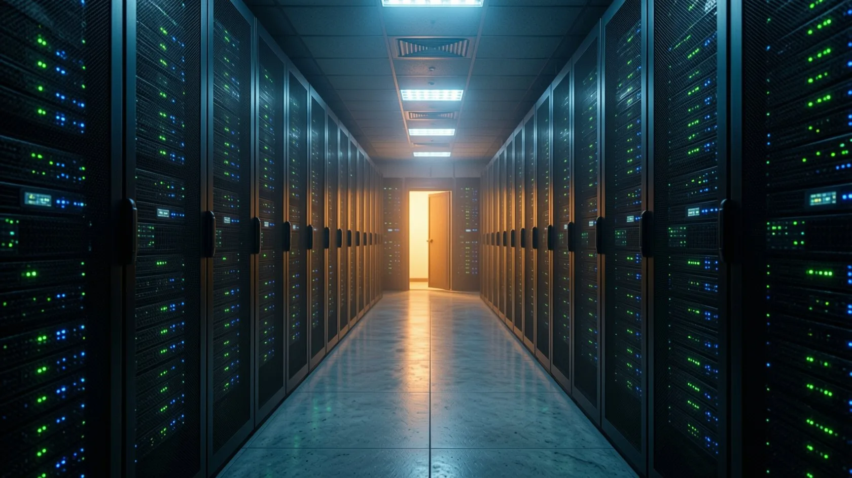 Symmetrical data center aisle of black server racks with green and blue status lights and an open door glowing amber at the far end