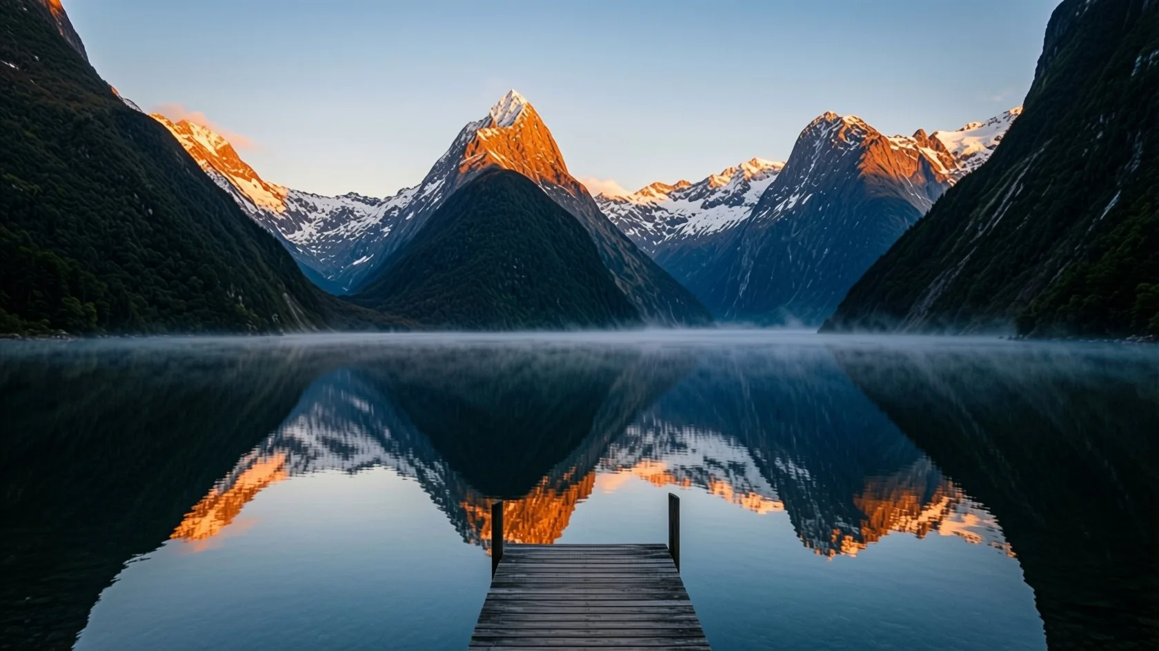 Still mountain lake mirroring snow-capped peaks lit orange at sunrise, with mist and a wooden dock in the foreground