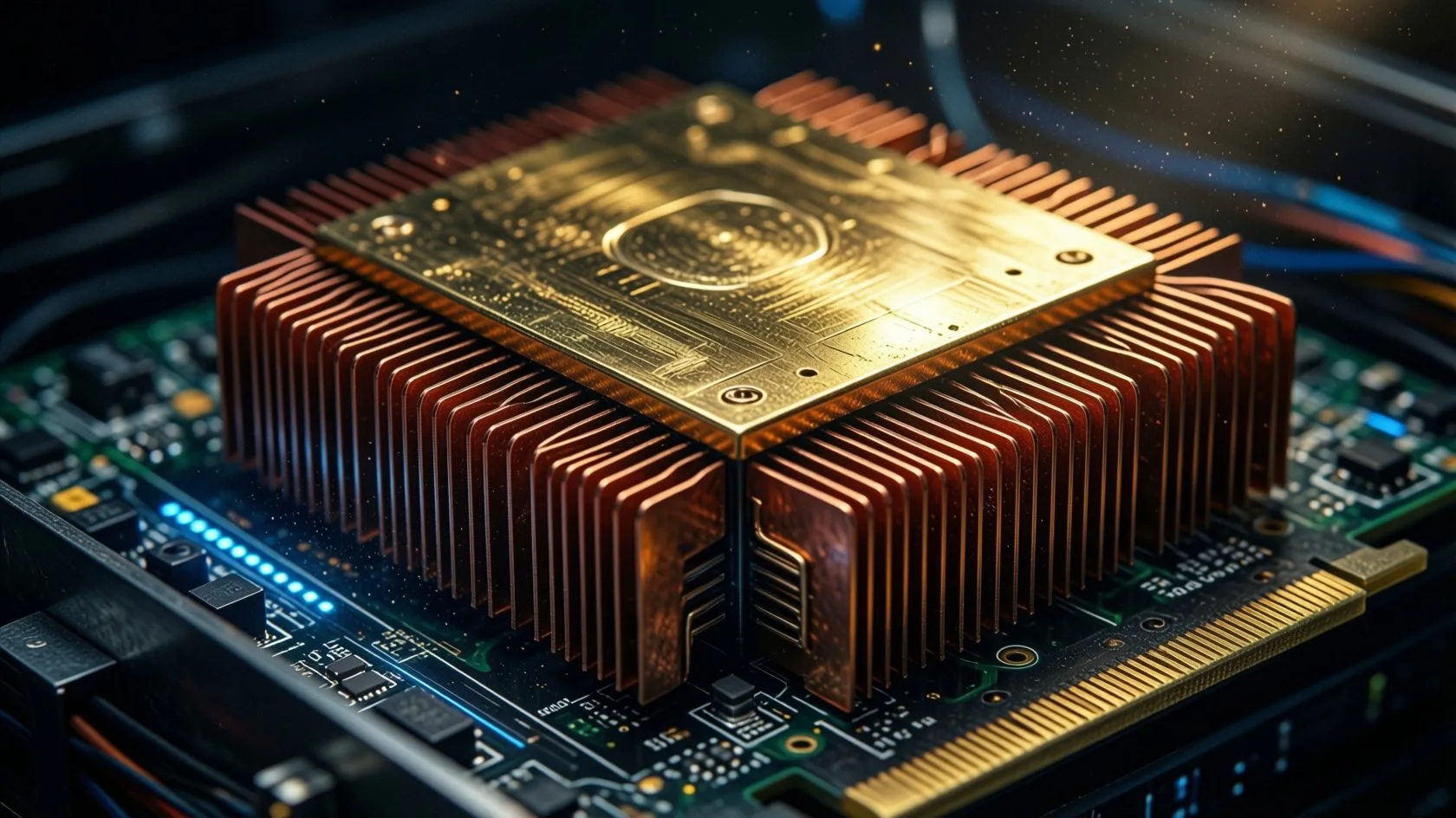 Macro view of a gold-plated GPU heatsink with copper fins on a circuit board, lit from the side