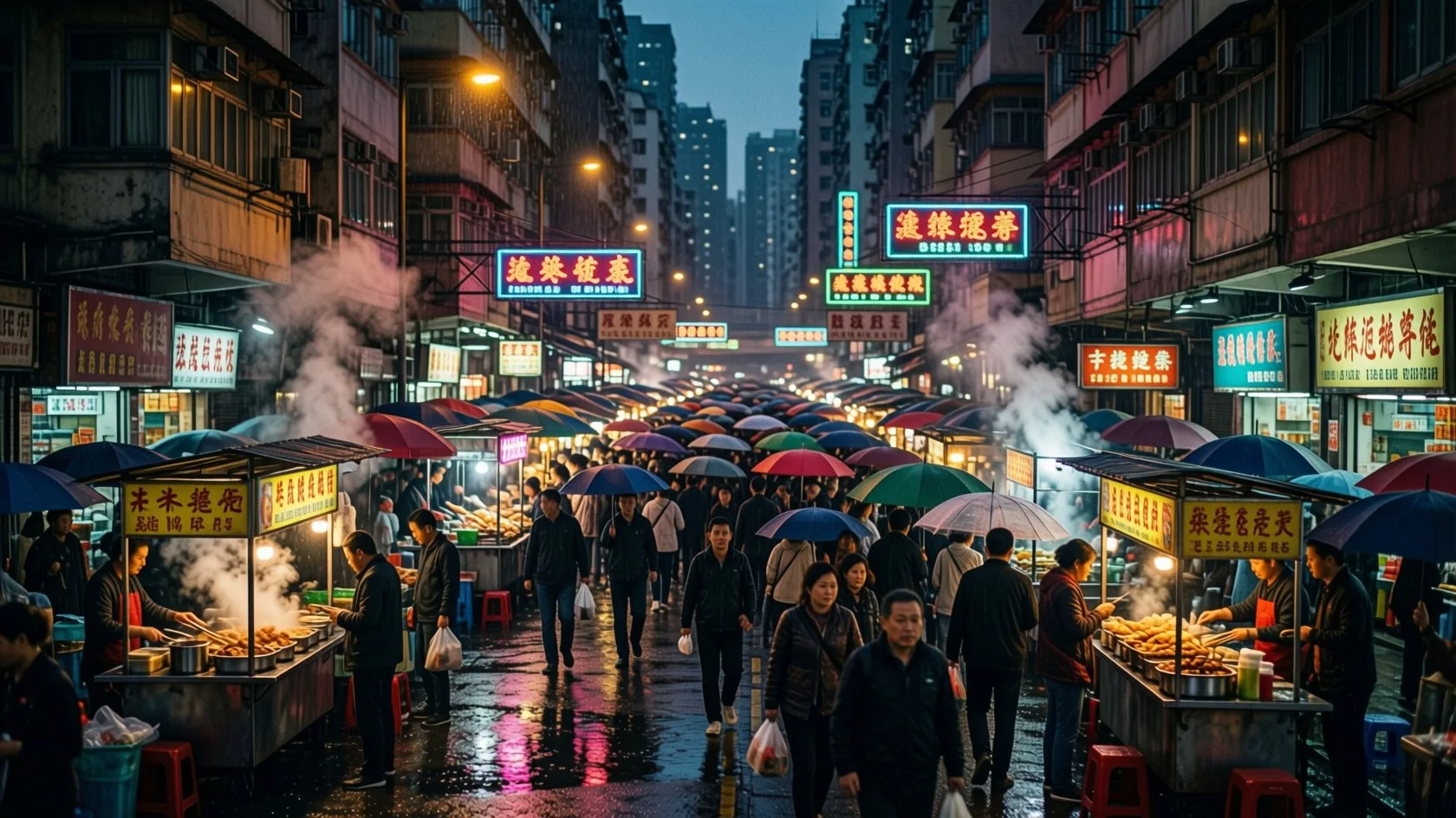 Crowded rainy night market street with umbrellas, steaming food stalls, and neon signs