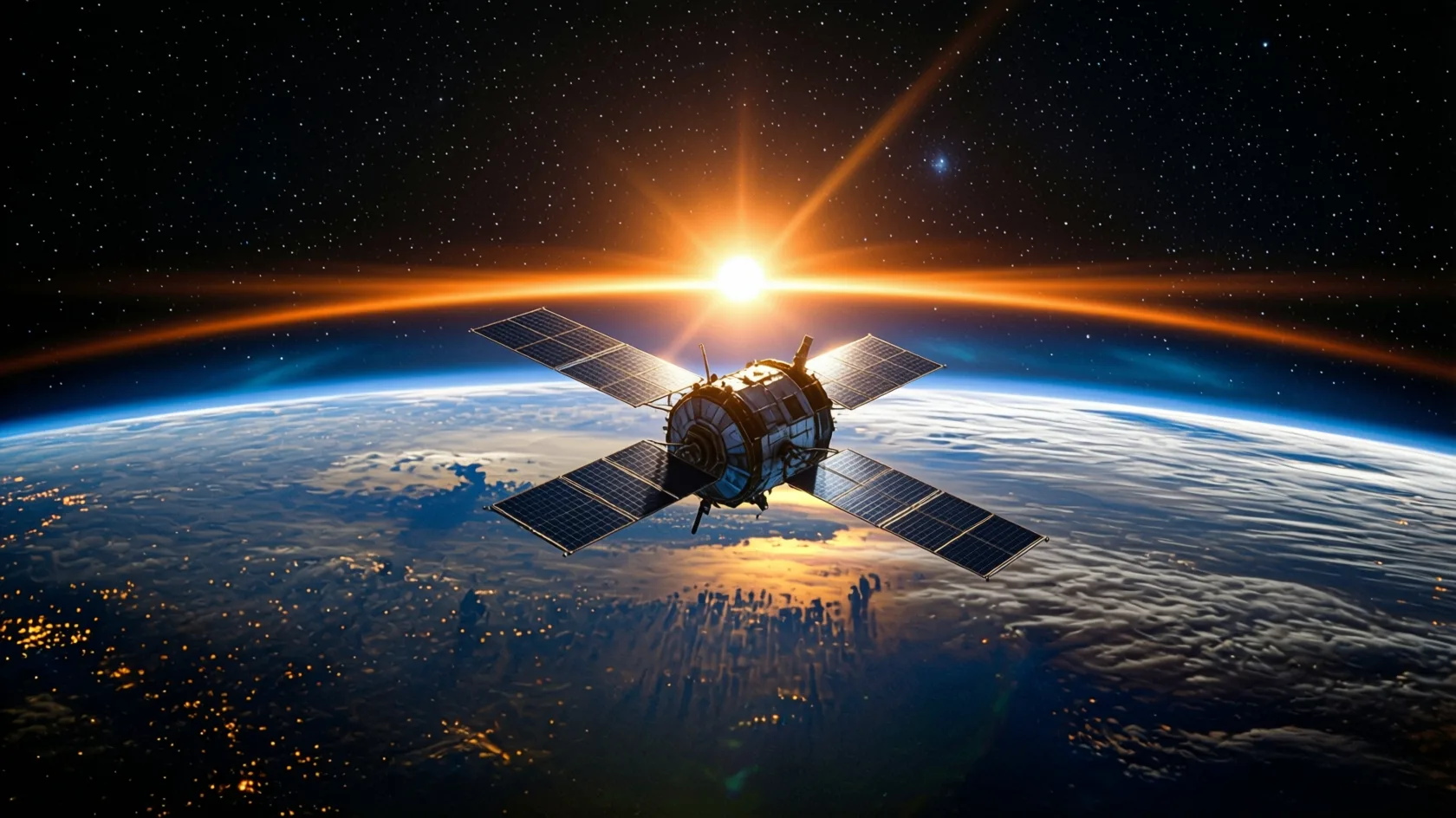 Research spacecraft with solar panels above the curved horizon of a blue planet at orbital sunrise, with lens flare and a dense star field