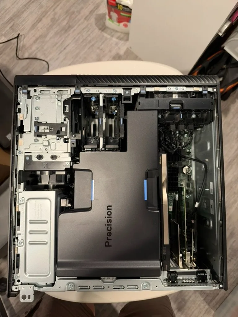 Interior with the Precision air shroud in place over the CPU and memory.
