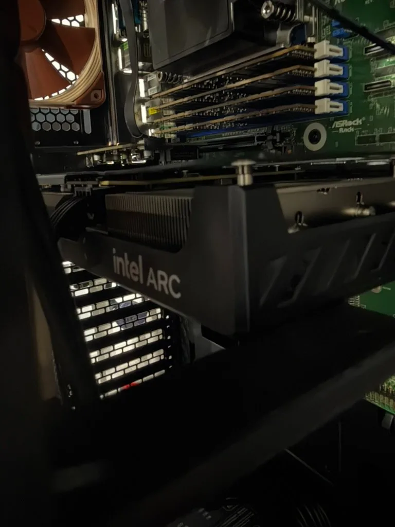 Intel Arc B580 below the memory bank on the ROMED8-2T.