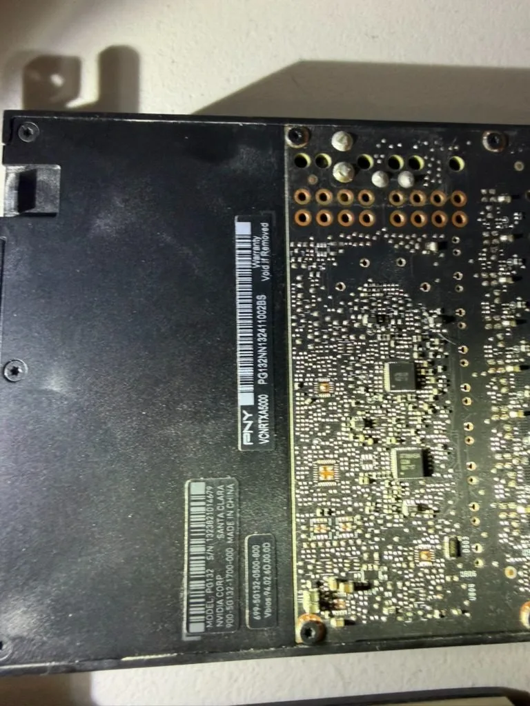 PNY-branded card: retail and NVIDIA labels on the back plate.