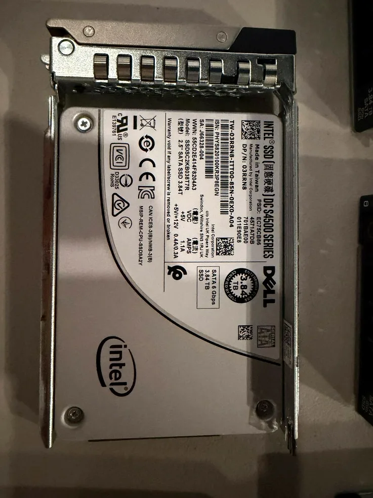 Intel DC S4500 3.84TB SATA SSD, Dell-branded, in a hot-swap caddy.