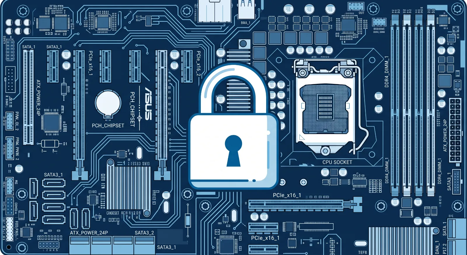 Illustration of a padlock over a server motherboard diagram showing PCIe slots and CPU socket