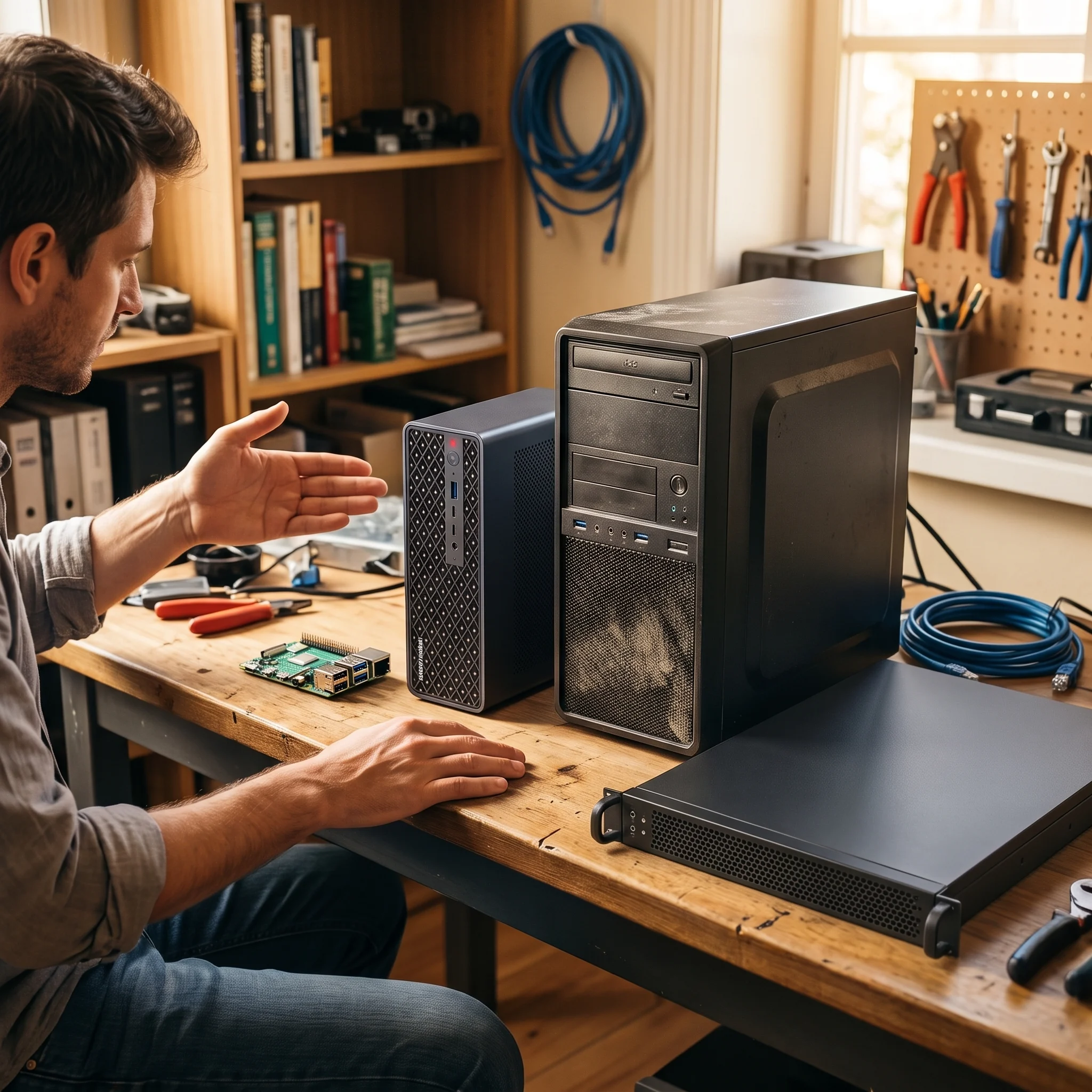A workbench with a Raspberry Pi, a mini PC, a desktop tower, and a rackmount server side by side