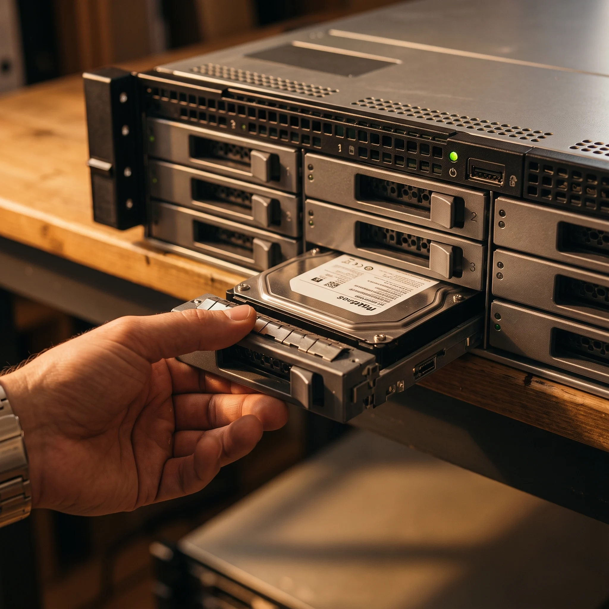 A hand sliding a hot-swap hard drive caddy into a rackmount server bay