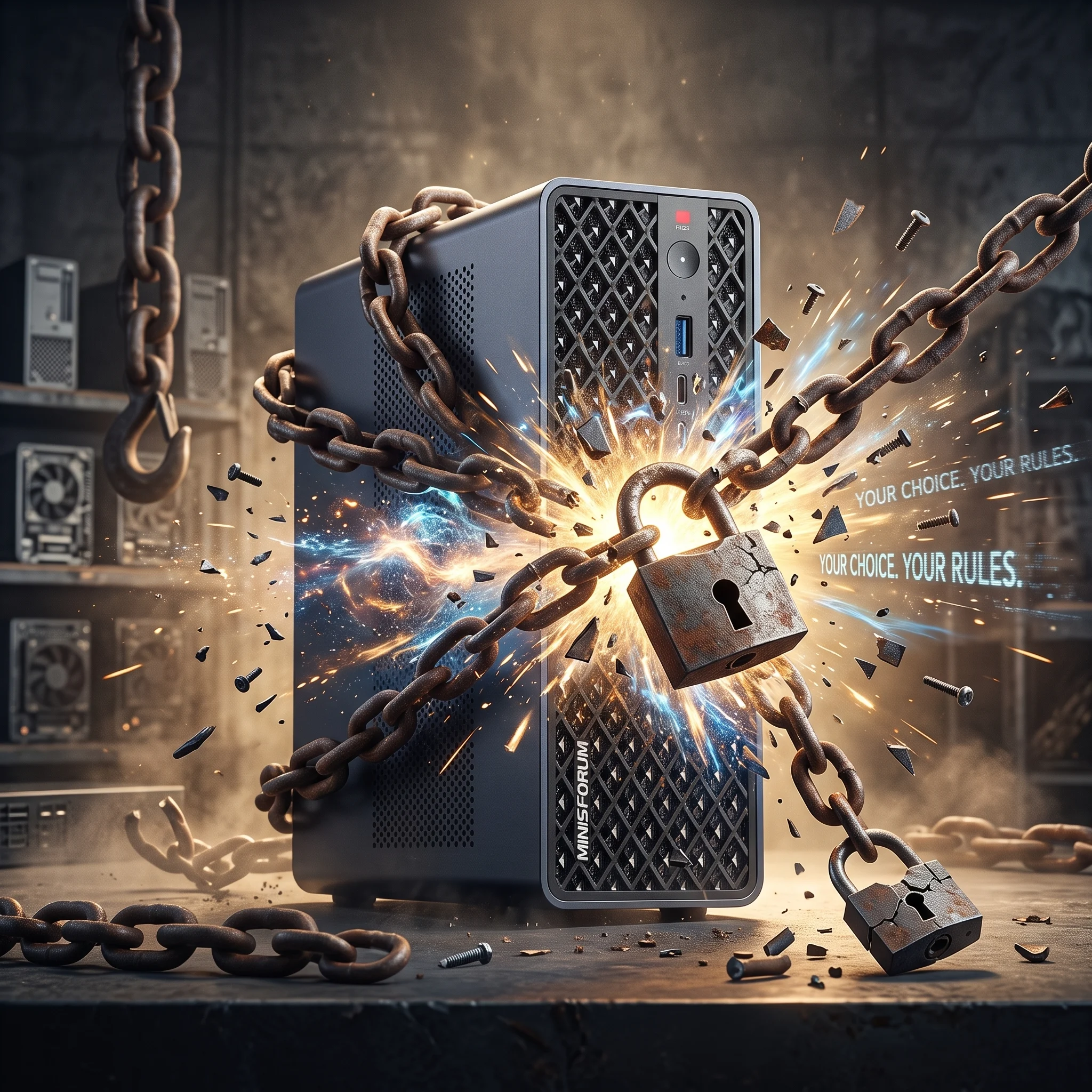 A mini PC breaking free of chains and padlocks beside the words Your Choice. Your Rules.